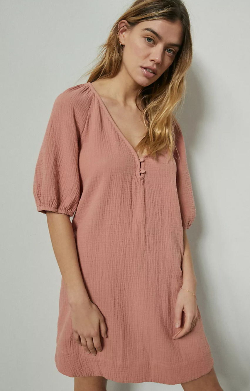 Anthropologie Taylor Puff-Sleeved Gauze Cotton Tunic Dress Size XS Pink